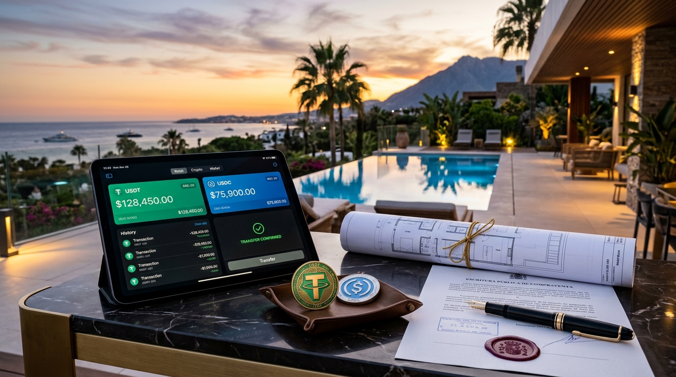 Marbella luxury villa terrace at sunset with USDT and USDC portfolio and Spanish property deed
