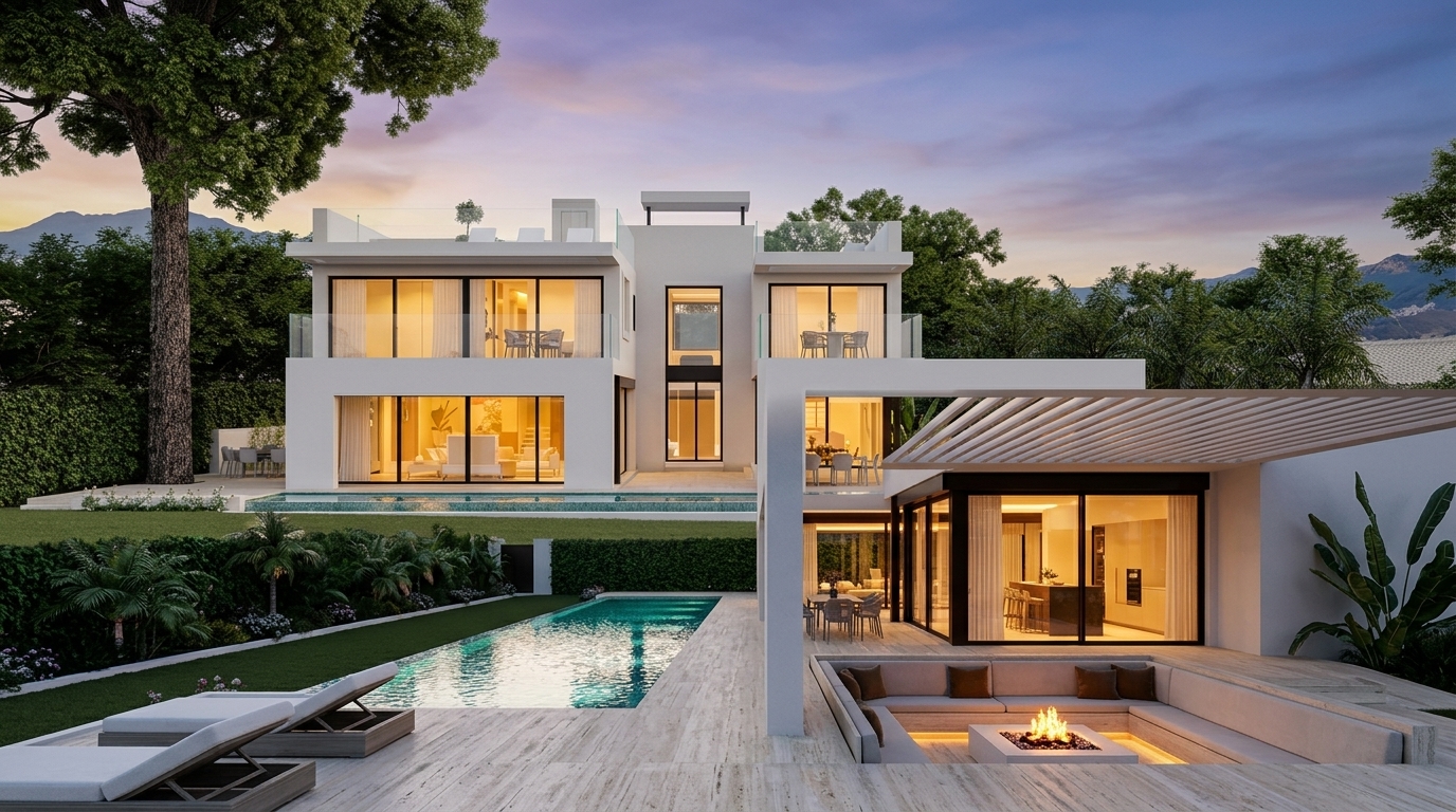 Villa Los Monteros contemporary architectural transformation render with pool and sunken firepit lounge